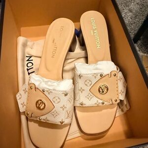 Louis Vuitton Cream and Tan Mule Heeled Slides